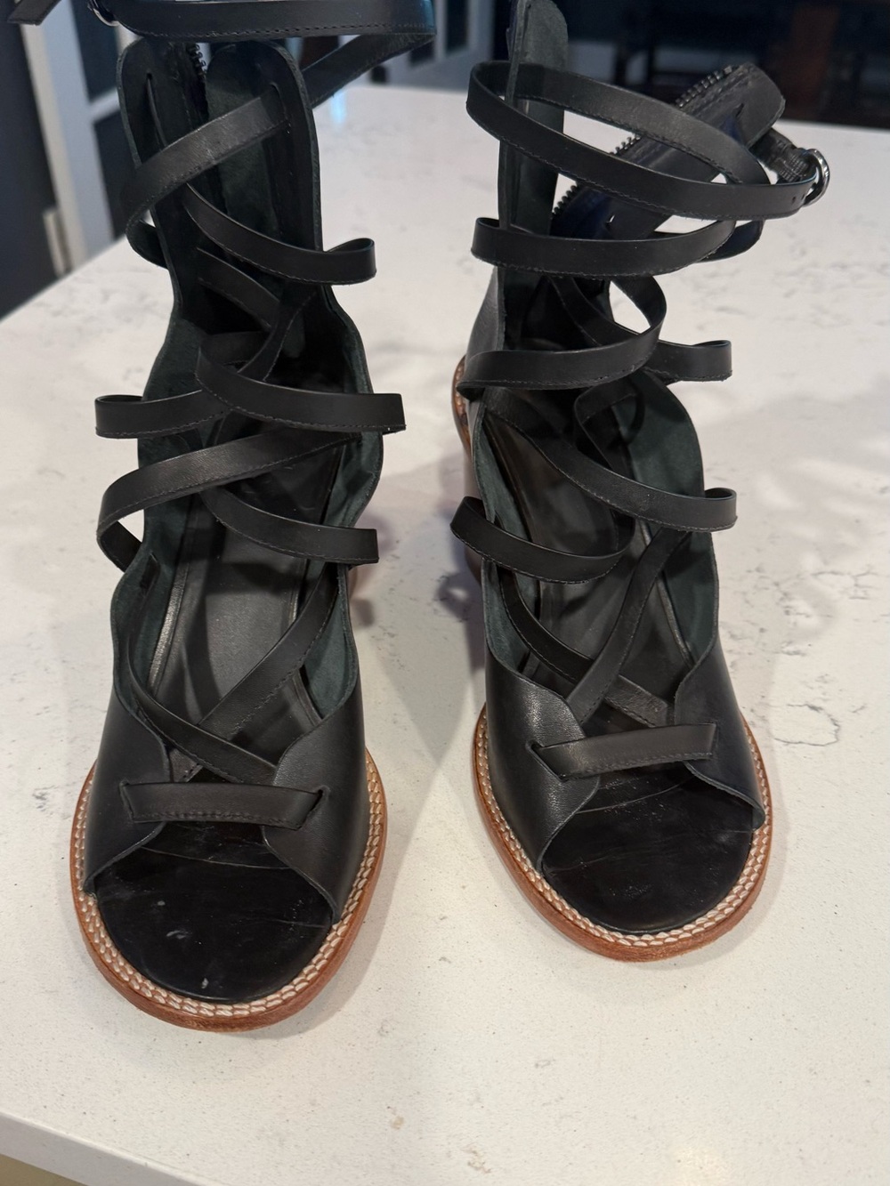 Tibi Black Strappy Lace-Up Leather Heels